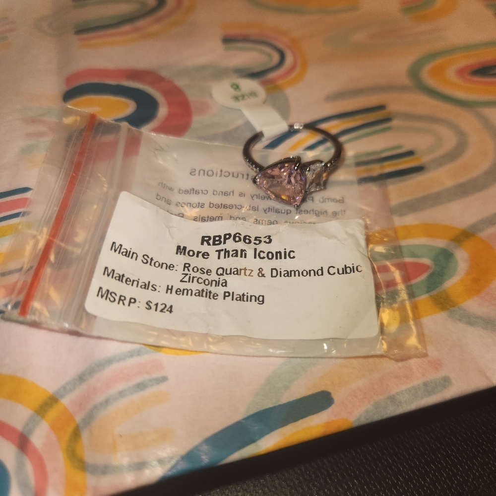 BP Hematite Plated Ring with Rose Quartz and Diamond Cubic Zirconia